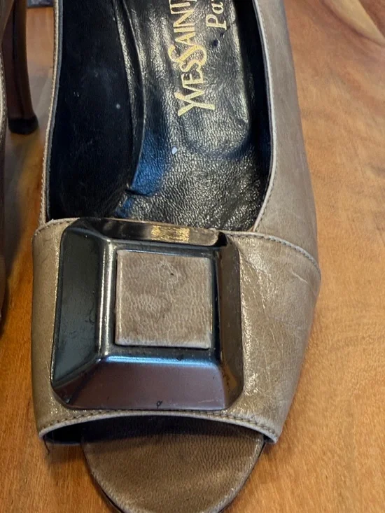 Yves Saint Laurent Vintage 90s Quiet Luxury Leather Peep Toe Heels Taupe/Tan - Picture 8 of 17